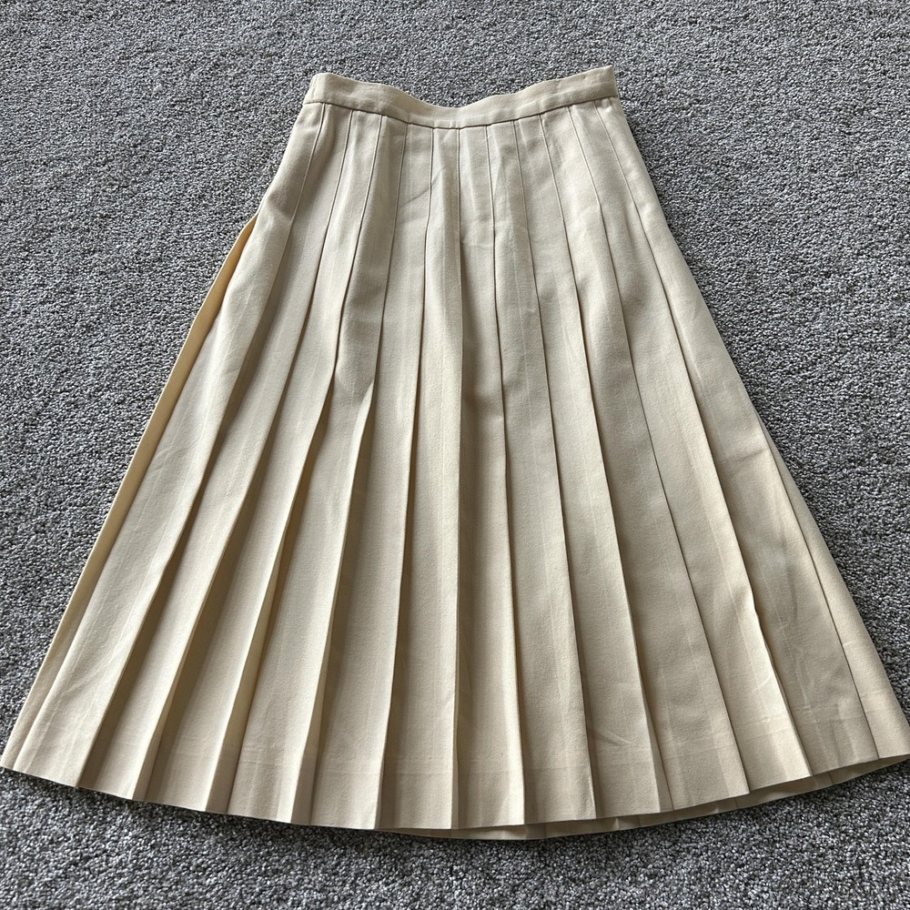 Vintage Talbots Petites Skirt Womens 6P Beige Solid Pleated Wool Midi Lined USA